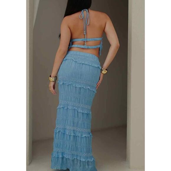 Boho Smocked 2-Piece Set Halter Crop Top & Maxi Skirt Ocean Blue Large NWOT - Picture 2 of 7